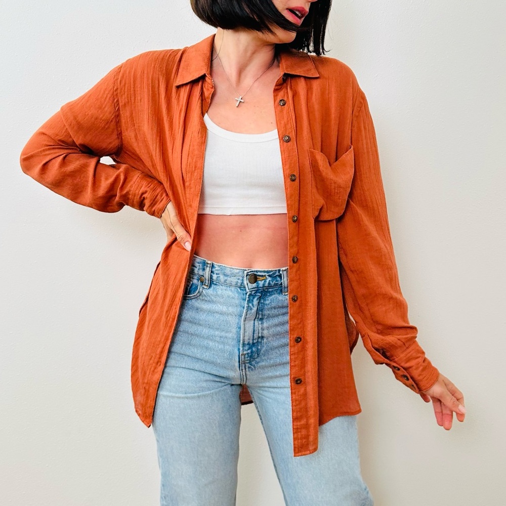 Free People Rust Color Button Up Shirt Pocket Gauzy Flowy Oversized Long Sleeve